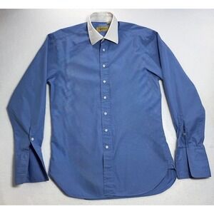 Paul Stuart Mens Shirt 15 1/2 36 M Solid Blue White Collar French Cuff Button Up